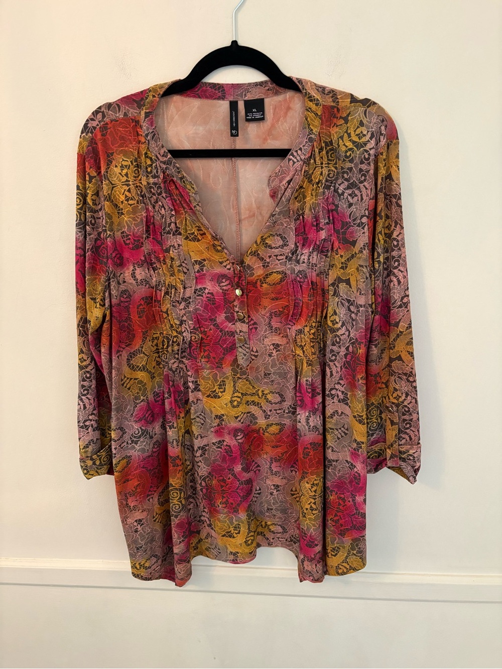 New Direction Women’s Blouse Long Sleeve Burgundy Yellow-V Neck- Size XL